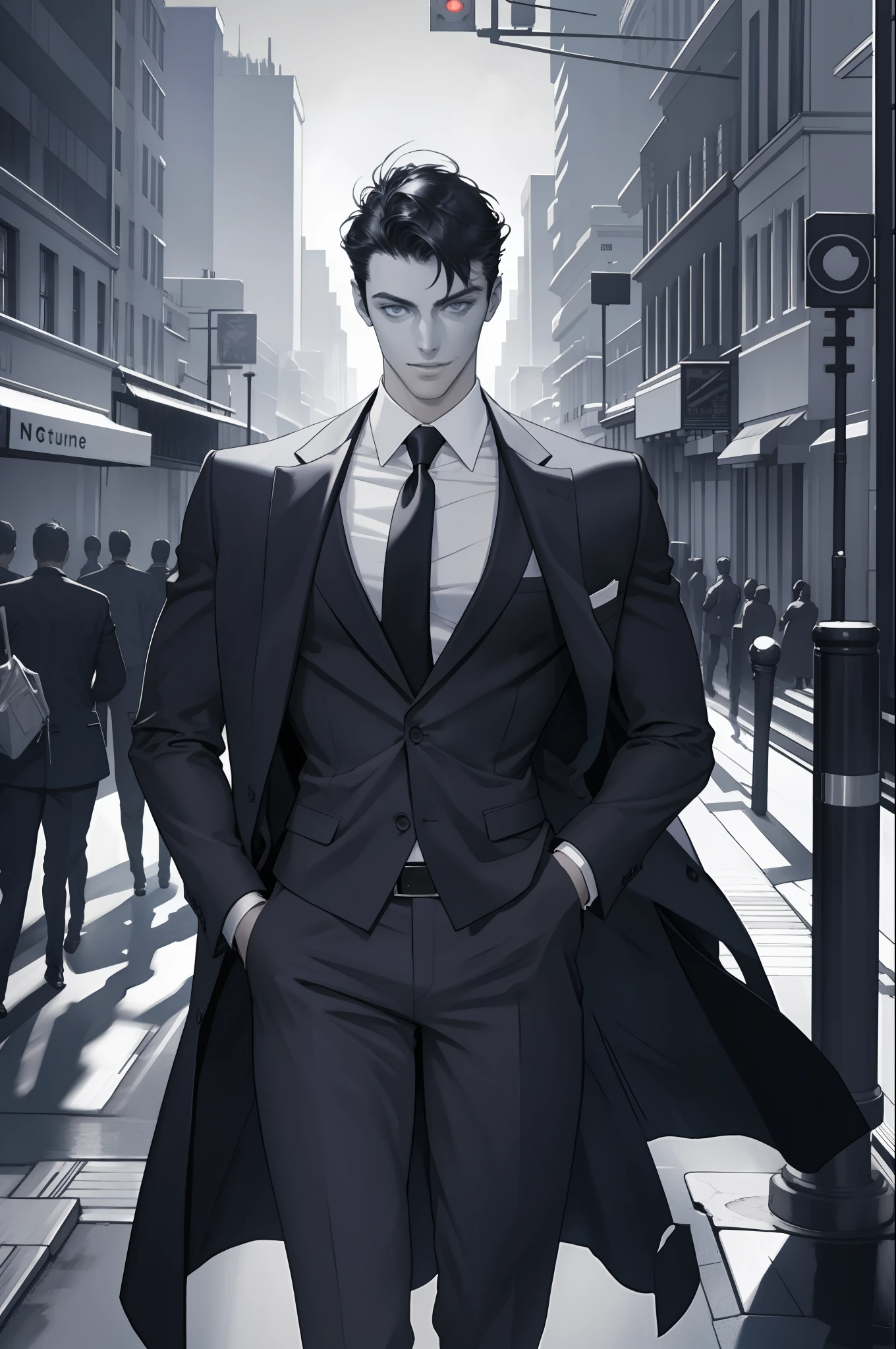 masterpiece, best quality, 1 male, adult, handsome, tall muscular guy, broad shoulders, finely detailed eyes and detailed face, extremely detailed CG unity 8k wallpaper, intricate details, very short hair, best ratio four finger and one thumb, neat suit and coat, modern urban scenery, street, skyscraper, afternoon, best light and shadow, smile, pomade, depth of field