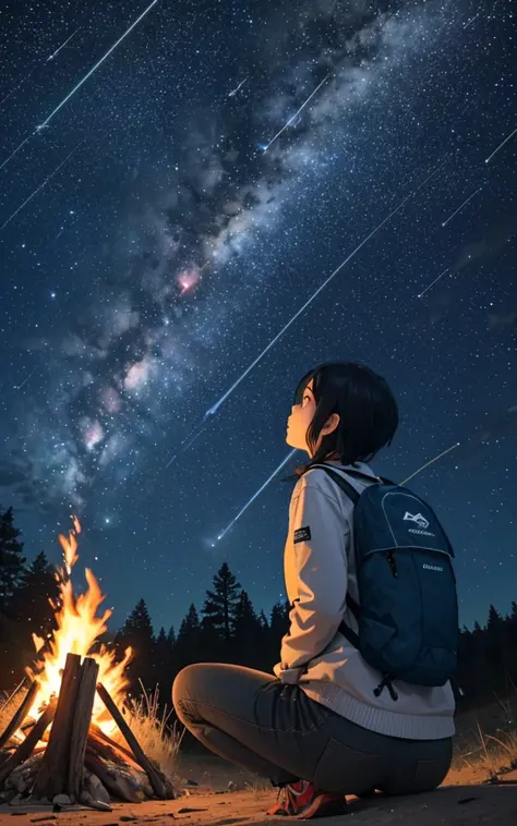 woman observing ( Orionids meteor shower),
Orionids meteor shower, beautiful,
woman, solo, camping, campfire,  looking at the Orionids meteor shower,
from behind, from below,
outdoor,