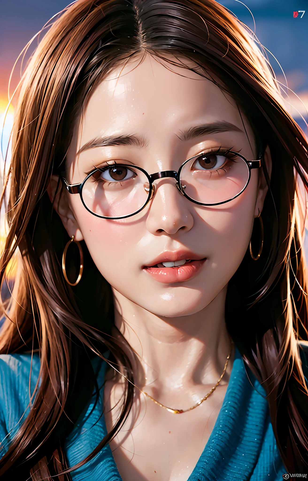 A woman with glasses and a blue shirt is staring at the camera - SeaArt AI