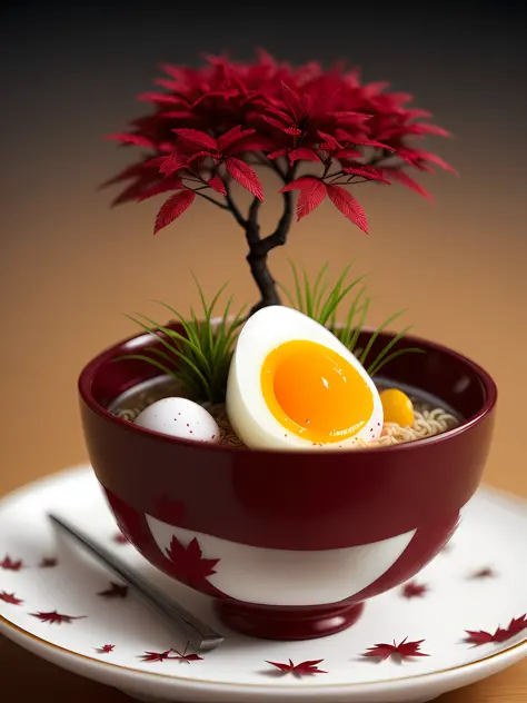 Inside a maroon bowl with ramen noodles, there is 1 soft-boiled egg, 1 thin slice of ham and 1 pair of chopsticks, next to it is a bonsai with a red maple leaf with a rock, high detail, very detailed, intricate detail, fine detail, hyper detail, cinematic,...