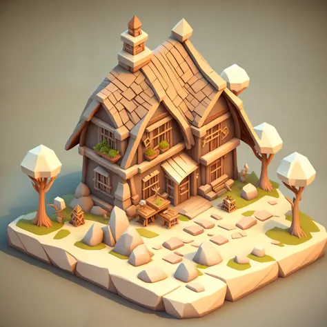 Isometric house, RPG style, cartoon, DnD, fantasy, mobile game, primitive man, animal bone, stone, wood