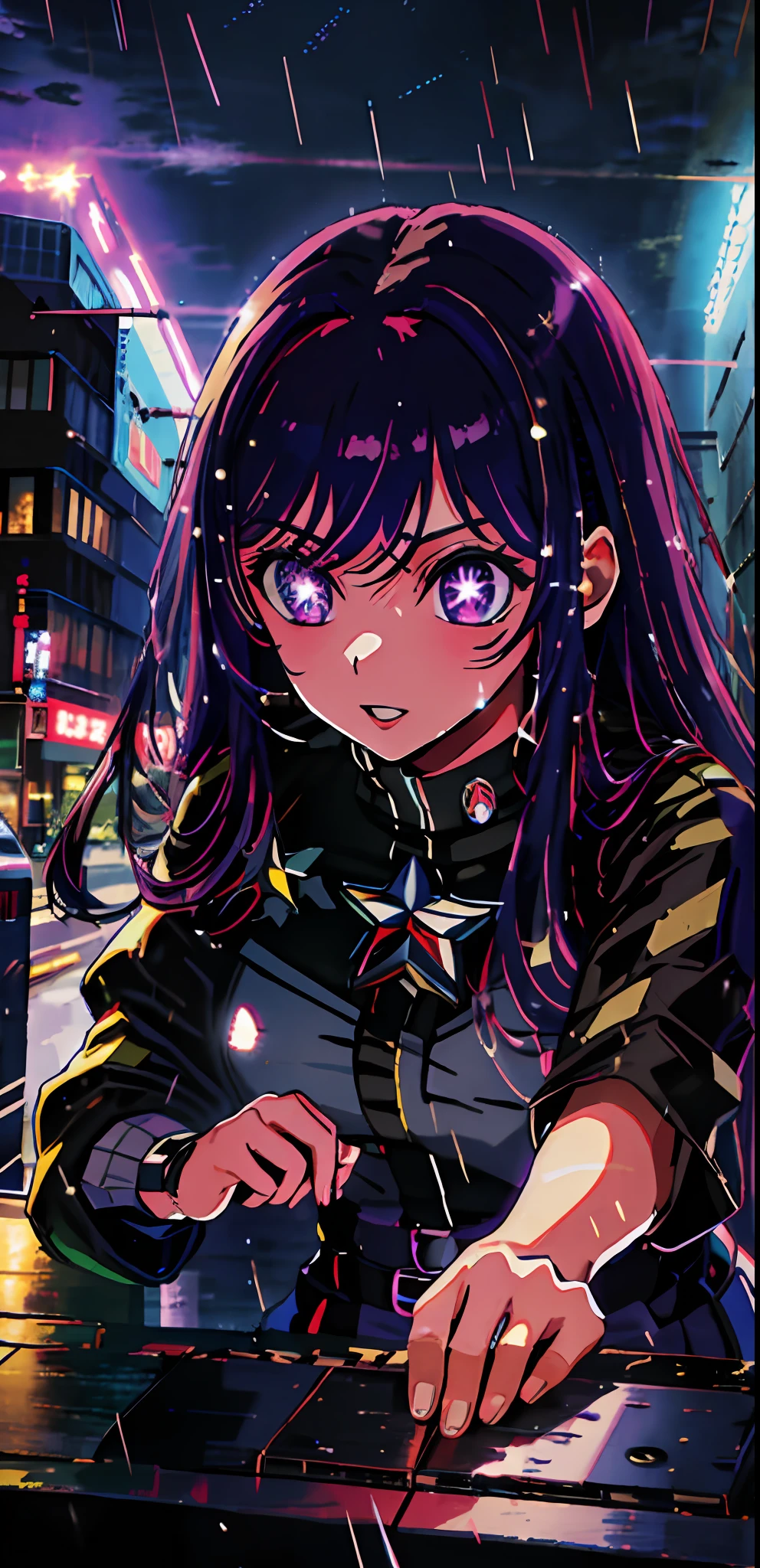 1girl, solo, black assassin military uniform, bangs,happy,posing, multicolored hair, (masterpiece:1.2), highres, best quality, 8k, Night neon city Tokyo background,purple hair, star eye pupils, purple eyes, character detail , night detail , eyes detail , background city detail , rainy time , rain detail ,