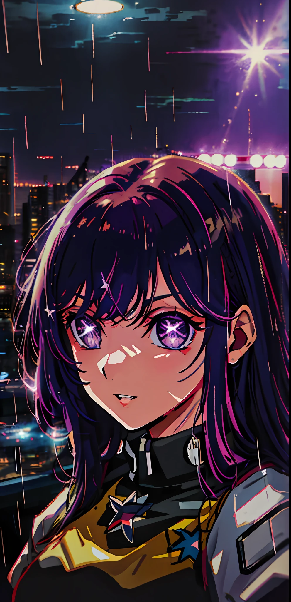 1 Mädchen, Allein, schwarze Attentäter-Militäruniform, bangs,Glücklich,posiert, mehrfarbige Haare, (Meisterwerk:1.2), highres, beste Qualität, 8k, Nacht Neon Stadt Tokio Hintergrund,lila Haare, Sternauge Pupillen, lila Augen, Charakterdetails , Nachtdetail , Augendetail , hintergrund stadt detail , Regenzeit , Regen-Detail ,