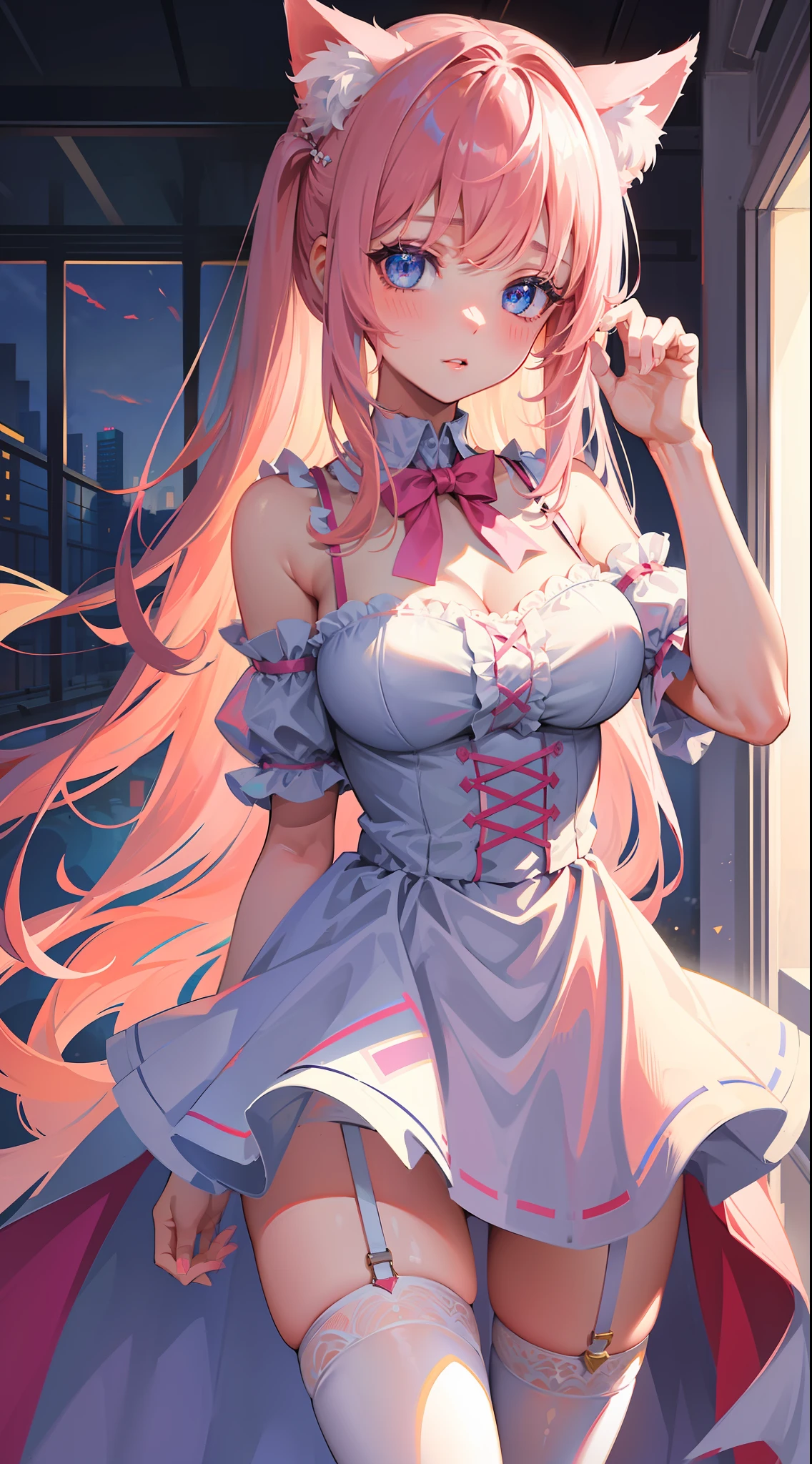 masterpiece, best quality, ultra-detailed, illustration,(1girl),beautiful detailed eyes, looking at viewer, close up, (breast focus), pink hair, shy, cat ears, white and pink dress, stockings, garters, blue eyes, thighs