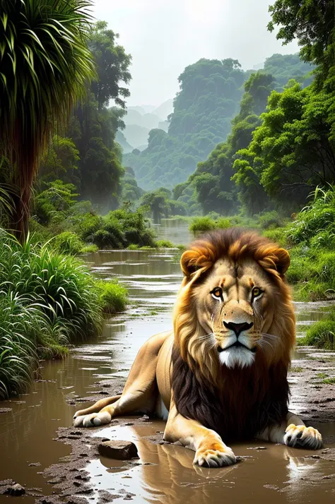 2lions, staring giant male lion, in the jungle, ((close-up)) detailed, wet mud floor, rainy weather, digital painting, art stati...
