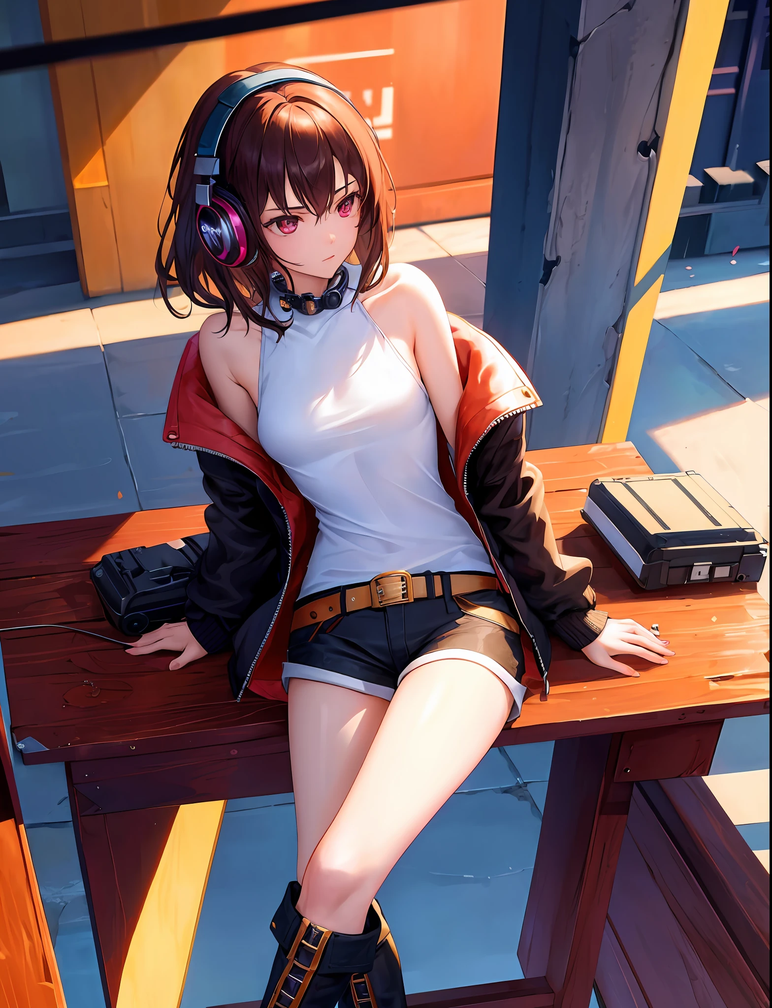 Masterpiece, bestquality, super detail, 16K, Cinematic Lighting, llustration, masterpiece, best quality, 1girl, medium breasts, medium hair, solo, Adult, Happy, Raiseed eyebrow, Smug, (cowboy shot: 1.2), Sitting, knee boots, black black jacket, cardigan jacket, (headphones), shorts, urban, cyberpunk, wind, realistic and detailed clothes, delicate fabric emphasis, bare shoulders, realism,