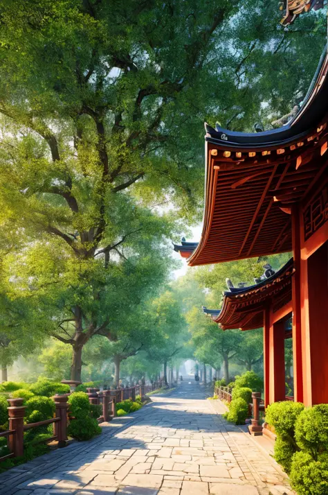 Masterpiece, best quality, high quality, extremely detailed CG unity 8k wallpaper, Hangzhou pagoda with ancient Chinese aesthetics, surrounded by ancient buildings and temples in Chinese style, trees and landscapes are composed of picturesque scenery, pano...
