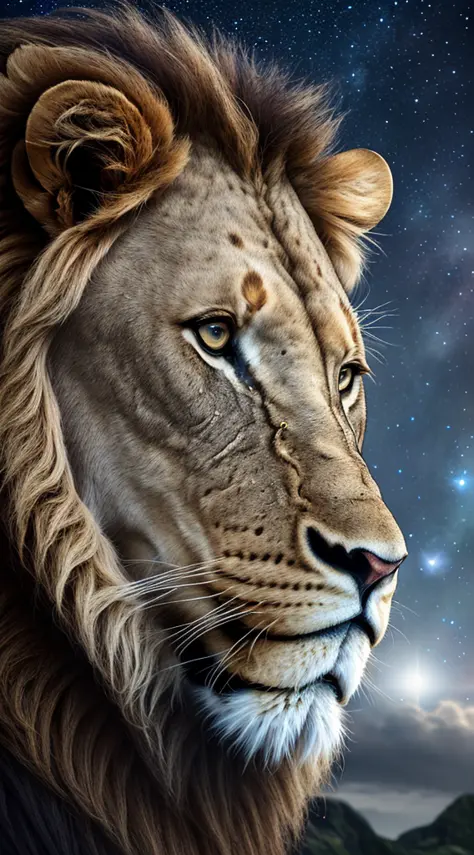 Distant photo of a giant male lion seated (realistic, detailed lion), rocks, dark night, moon, stars, universe, galaxy, nebula, planets, digital painting, art station, concept art, breathtaking, high detail, highly detailed, beautiful, setting shots, hyper...