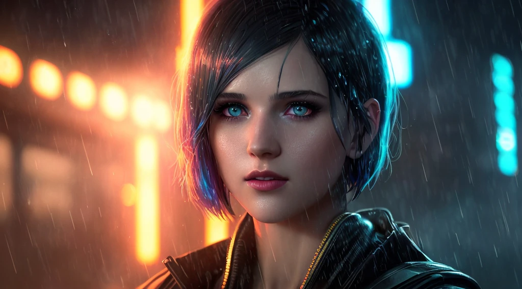 An impressive intricate color portrait of beautiful woman blade runner style, bobcut hair, makeup, magic eyes, rain, smoke, (neon lighting: 1.2), epic character composition, by ilya kuvshinov, alessio albi, nina masic, sharp focus, natural lighting, subsurface scattering, f2, 35mm, film grain,vibrant eyes,Portrait Art of Blade Runner 8K Ultra Realistic, Lens Flare, Atmosphere,  Brightness, Detailed, Intricate, Full of Color, Cinematic Lighting, Trend in ArtStation, 4K, Hyper-realistic, Focused, Extreme Details, Unreal Engine 5, Cinematic, Masterpiece, (the most beautiful portrait in the world: 1.5),