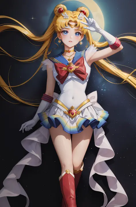 Masterpiece, best quality, (1 girl), super sailor moon, denim shot, night sky, moonlight, evening, white gloves, blue eyes, galaxy background, multicolored clothes, sailor senishi uniform, multicolored skirt, hair ornament, red bow, brooch, heart brooch, e...