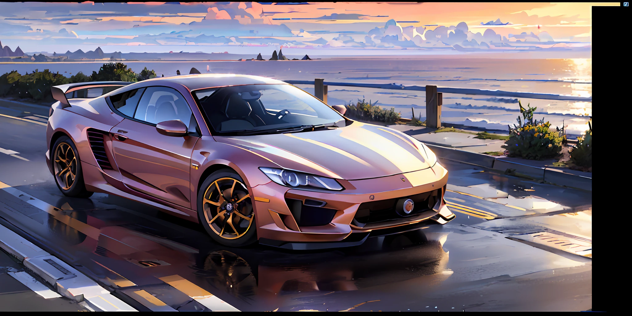 Masterpiece, best quality, official art, extremely detailed CG unity 8k wallpaper light, car, bright, (car model ornaments for computer desktop), car model, computer desktop, (real: 1), (add more rich details)), (open window), sea breeze, (more realistic shrubs), reflective, metallic texture, ((rich car details)), ((with lights on: 1)), real style,