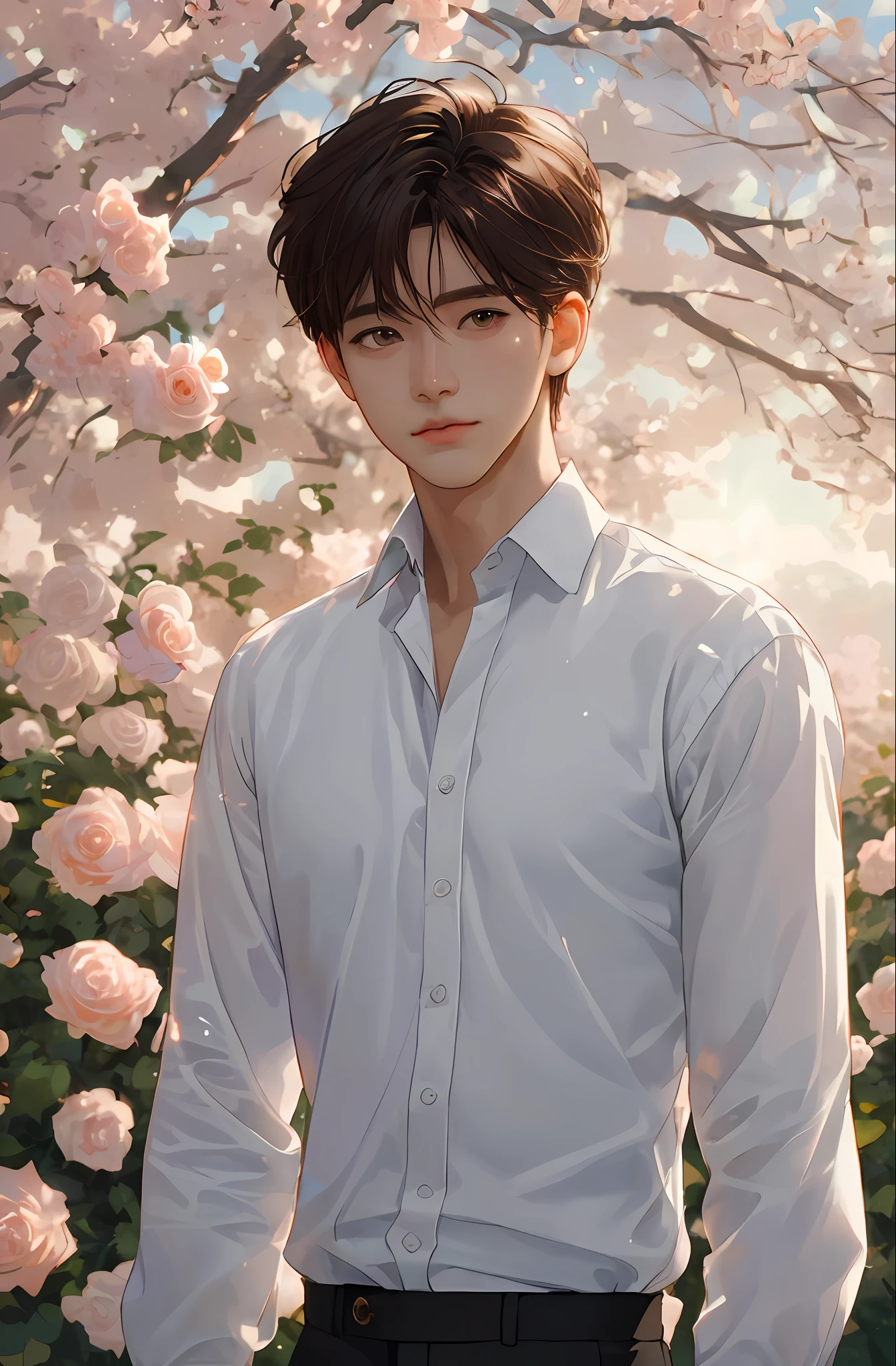 (Realism: 1.4), Best Quality, Masterpiece, Male, Thin, (1man, solo, white loose shirt, black pants,looking at viewer, brown hair, gray eyes, closed mouth, upper body), (rose garden background, spring, glowing sunlight), ( idol face, korean face , sharp eyeline) (male), ( face focus, potrait, cinematic lightning, ),( light spring theme , short hair male)