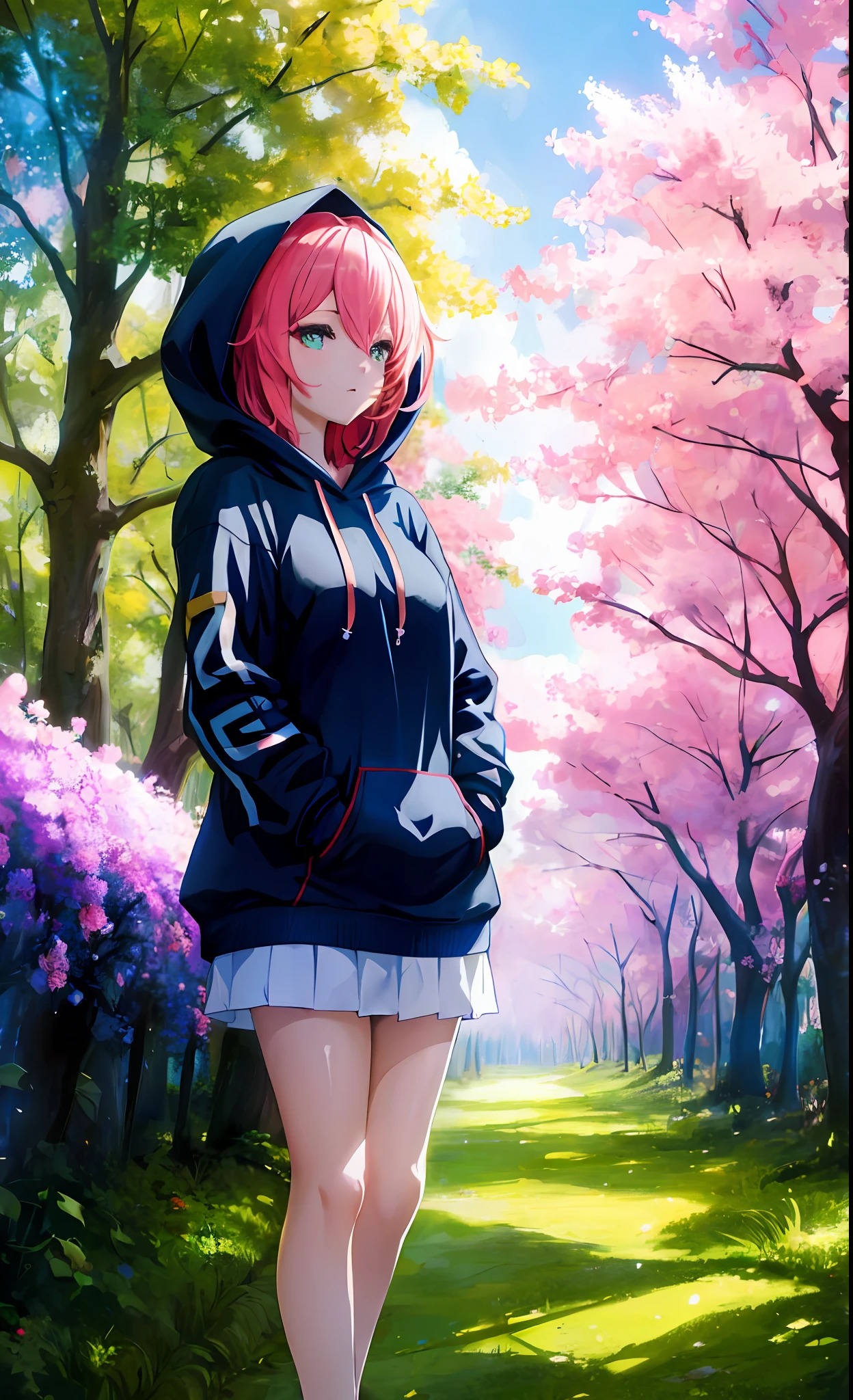 Anime girl,wearing a hoodie, surrounded by flowers,sunny,trees, forest,highest quality digital art, Stunning art, wallpaper 4k,8k,64k, HD, unparalleled masterpiece, dynamic lighting, cinematic, epic