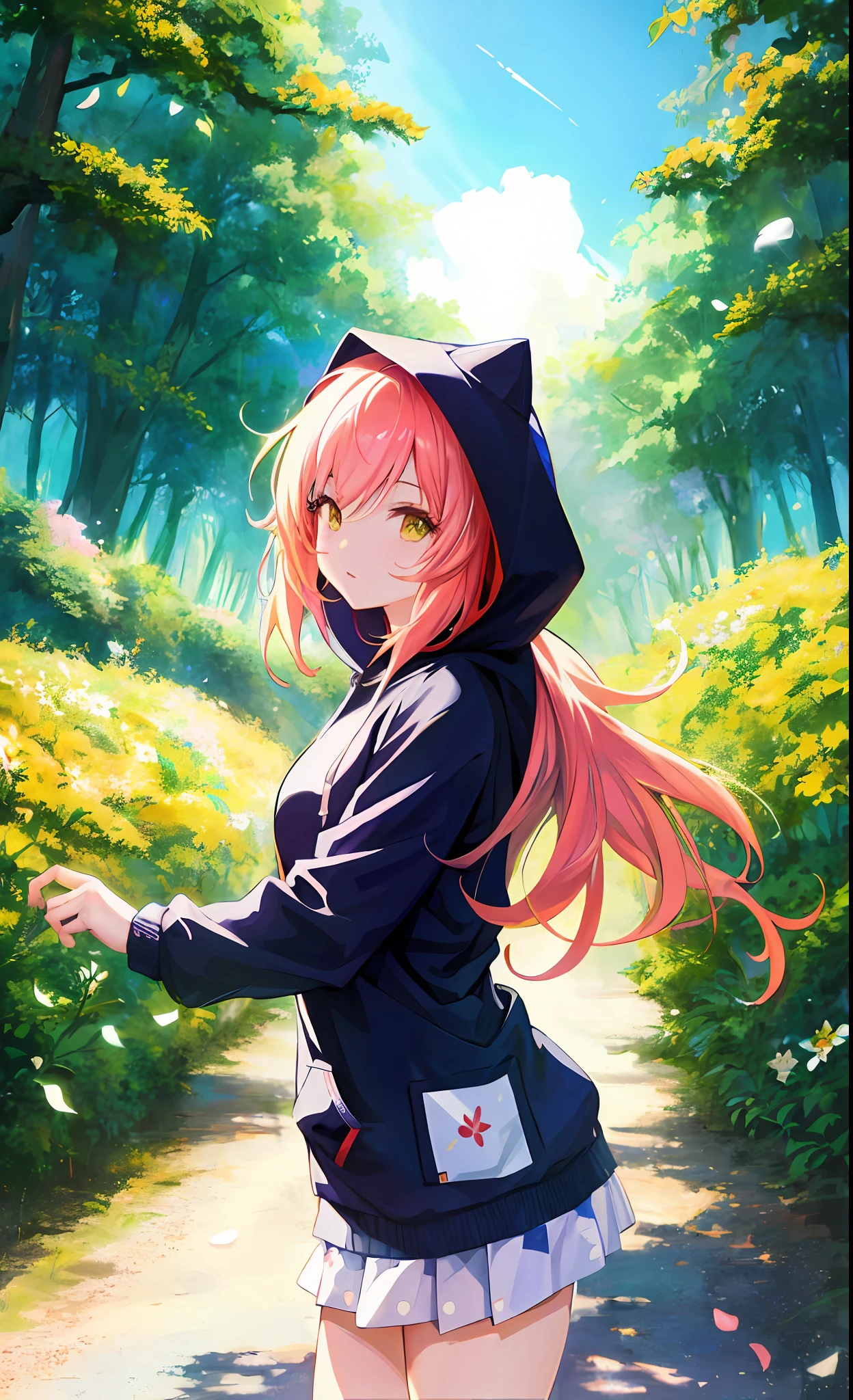 Anime girl,wearing a hoodie, surrounded by flowers,sunny,trees, forest,highest quality digital art, Stunning art, wallpaper 4k,8k,64k, HD, unparalleled masterpiece, dynamic lighting, cinematic, epic