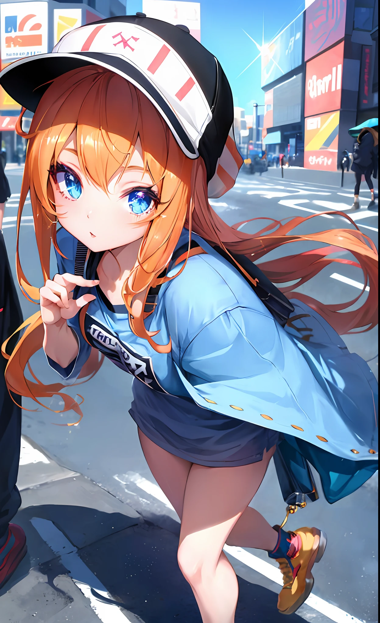 Anime girl, perfect face, extremely detailed, perfect hands,cute photo pose,wearing a hat, comfortable baggy clothing, sparkling eye's,close up shot, vibrant colors,day,city streets,8k,64k, HD, unparalleled masterpiece, dynamic lighting, cinematic, epic