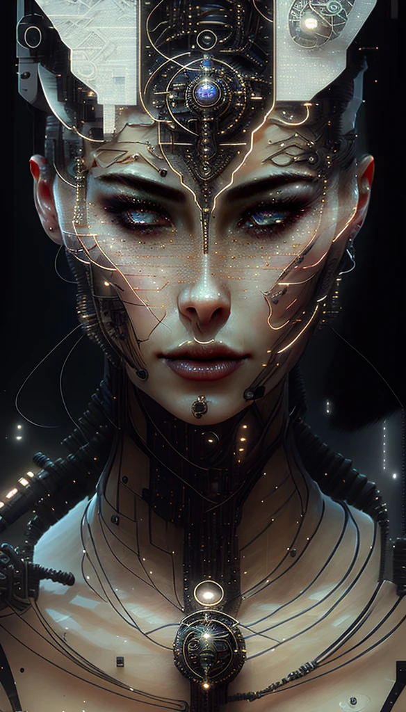 Eine Nahaufnahme einer Frau mit futuristischem Kopfschmuck und Halskette, komplizierte transhumane, detailed Porträt eines Cyborgs, cyborg - girl, Porträt eines Cyborgs queen, Kybernetische Maschine, Weibliches Gesicht, cyborg woman, cyborg girl, komplizierter Cyborg, kompliziertes Geschwätz, Porträt eines Cyborgs, kompliziertes Gesicht, Cyborg-Porträt, Porträt eines weiblichen Androiden