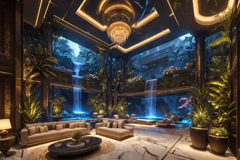 incredible luxurious futuristic living room interior in Ancient Egyptian style with many (((lush plants, gorgeous flowers))), (l...