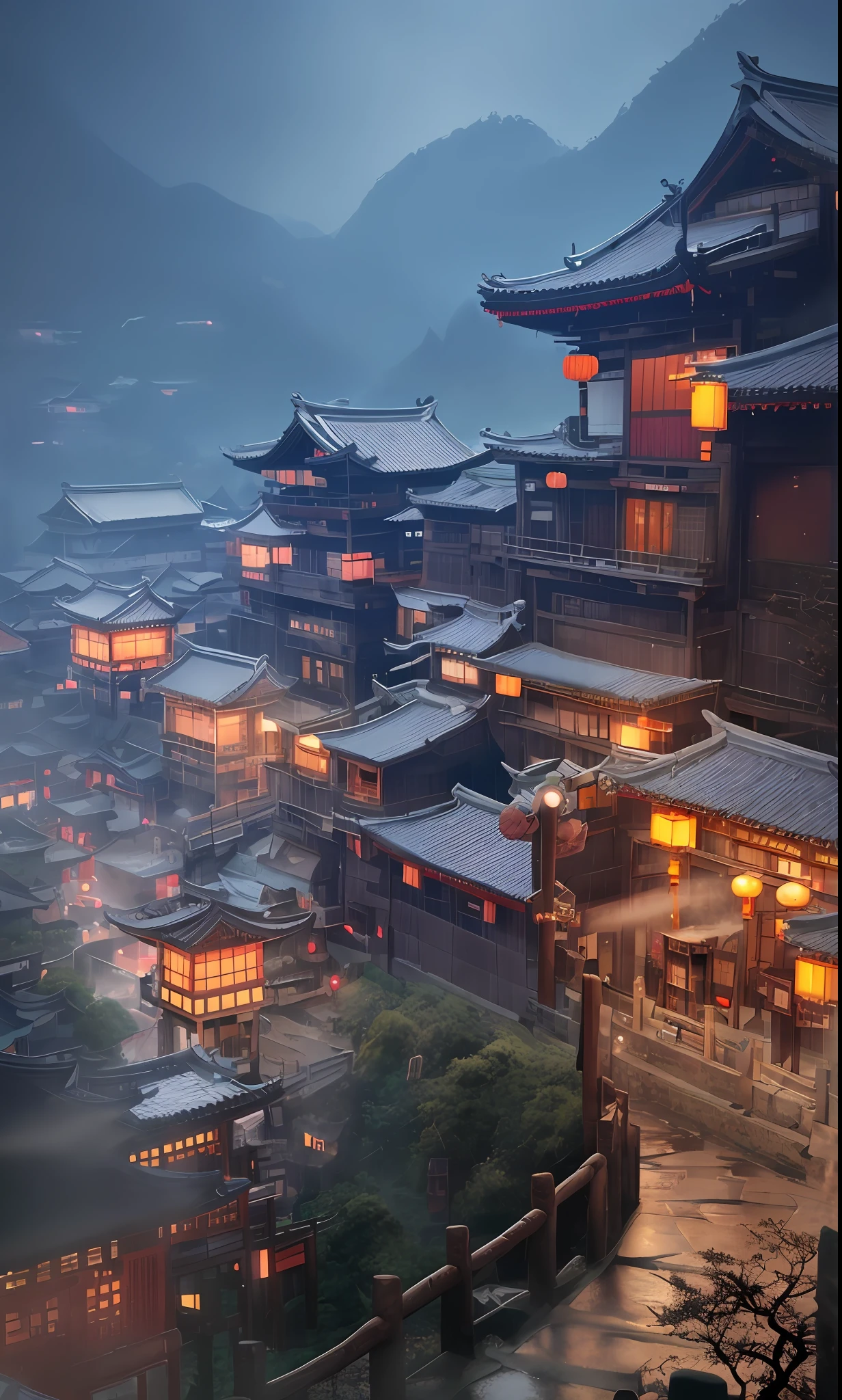 建物にたくさんの明かりが灯る村のアラフェードビュー, 夢のような中国の街, 中国の村, 素晴らしい壁紙, 日本人街, 日本の村, 超リアルな町の写真, 古いアジアの村, 日本の都市, レイモンド・ハン, 雨の夜, サイバーパンク中国古代城, 美しく照らされた建物, 雨の夕方, 美しく、審美的, 写真, 映画のような, 8k, 詳細な ((大雨)))