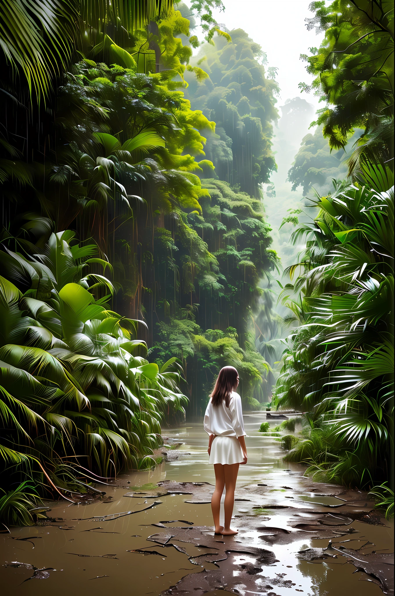 Cute girl, photo taken from a distance, jungle background, detailed, wet mud floor, rainy weather, digital painting, art station, concept art, breathtaking, high detail, very detailed, beautiful, setting shots, hyperrealism, Unreal Engine 5, wet white skirt, fallen pose,