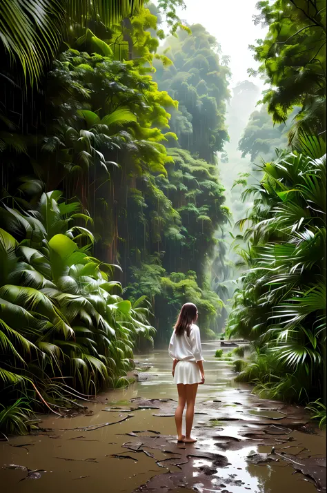 Cute girl, photo taken from a distance, jungle background, detailed, wet mud floor, rainy weather, digital painting, art station...