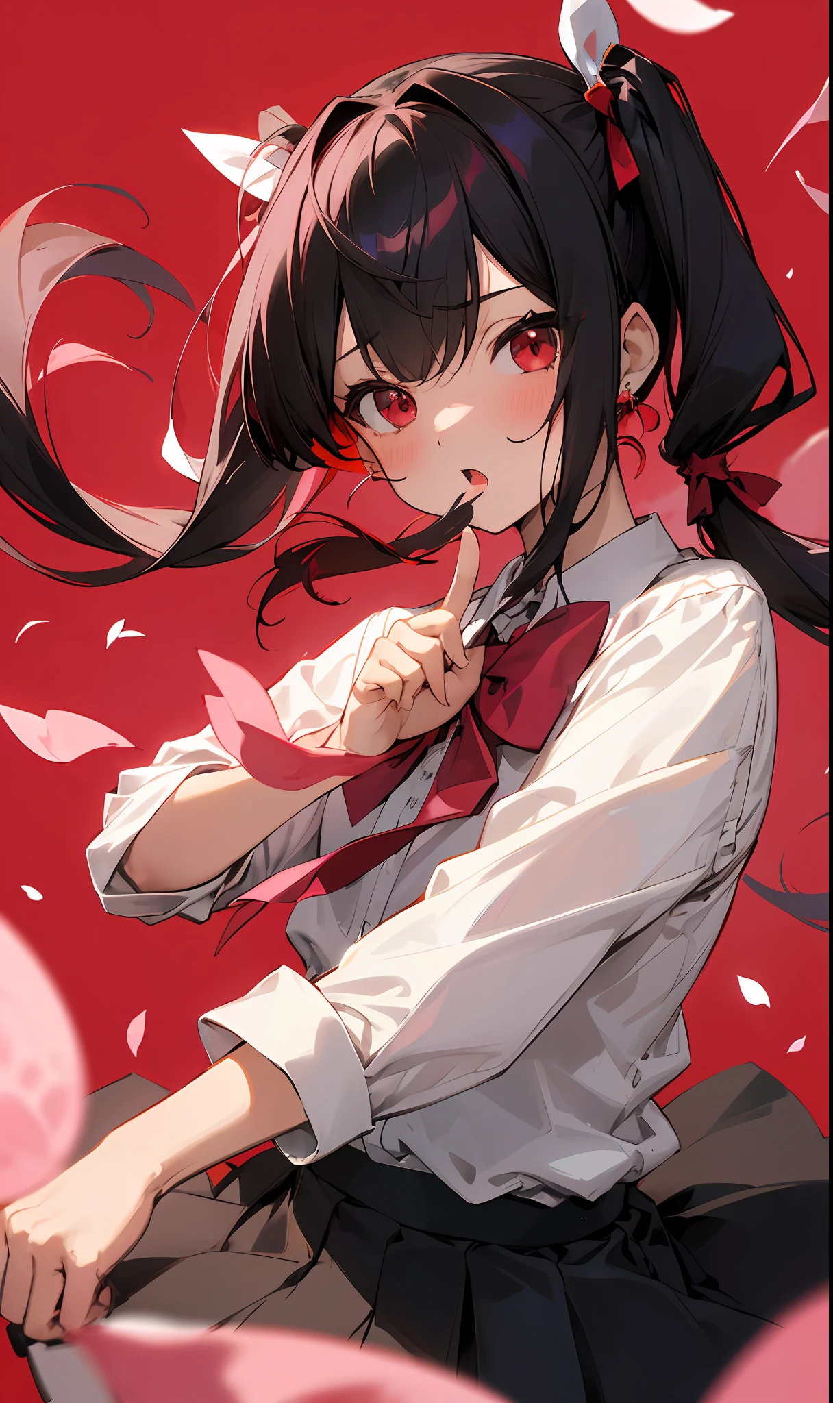 mihari, onimai, (masterpiece, best quality),a girl, solo, twintails, shirt, skirt, petals, bowtie, earrings, jewelry, bangs, black hair, hair ornament, hair ribbon, red ribbon, red eyes, long hair, open mouth, white shirt, multicolored hair, black skirt, red hair, long sleeves, pink bowtie, hair between eyes, looking at viewer, collared shirt, upper body, hand up, falling petals, depth of field, strong bloom, red background