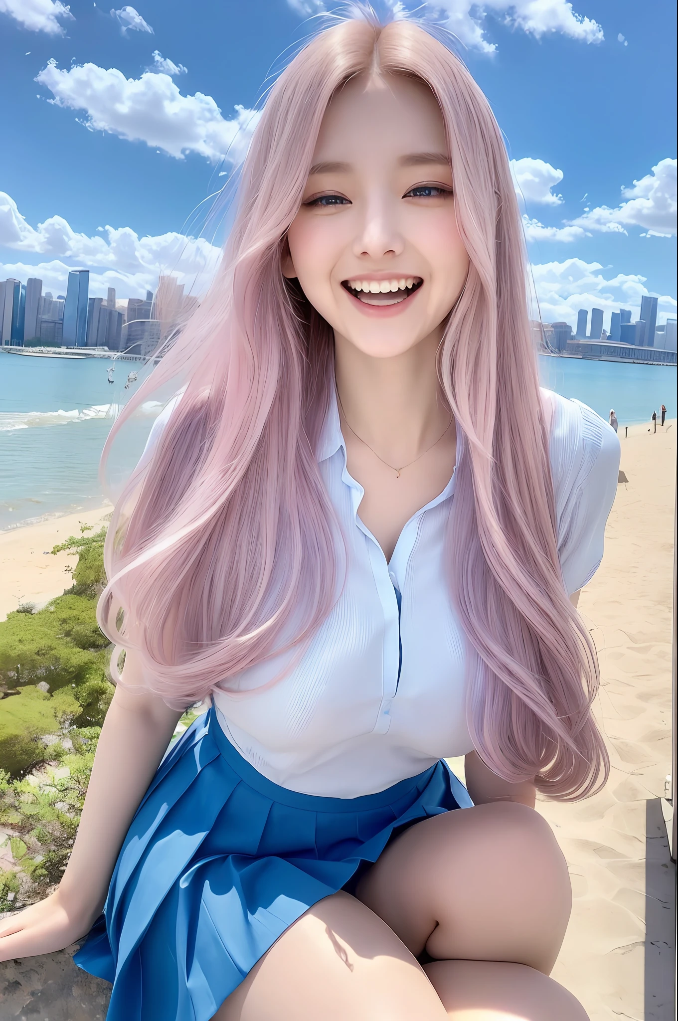 official art, masterpiece, sharp focus, (beautiful gorgeous cute korean woman:1.3), (beautiful cute korean woman:1.3), korean beauty, delicate and beautiful hair and eyes and face, realistic, super detailed, beauty girl, blue sky, glow white particles, (side light: 1.2), sunshine, white clouds, fine clouds, slender, pretty breasts and big buttocks, smile with teeth, ((laugh with eyes, open both eyes )), scenery, long straight hair, sexy look, buildings, (cityscape: 1.7), dynamic hair, long straight hair, detailed platinum pink hair, sparkling blue eyes, (blue pleated shirt + white skirt) , white long socks, white skin, hair ornaments, magnificent scenery,