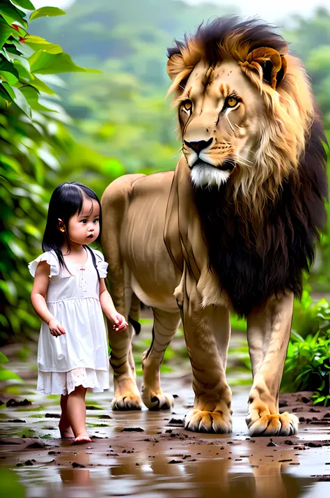 {Cute Girl}, {Baby Lion}, Distant Pictures, Jungle Background, Details, Wet Muddy Floor, Rainy Weather, Digital Painting, Art Station, Concept Art, Breathtaking, High Detail, Very Detailed, Beautiful, Setting Shots, Hyperrealism, Unreal Engine 5, Wet White...