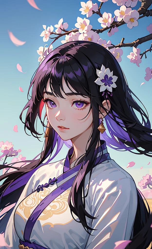 Gentle girl, purple eyes, black hair color, floating hair, delicate and flexible eyes, intricate damask hanfu, gorgeous accessories, wearing pearl earrings, FOV, f/1.8, masterpiece, ancient Chinese architecture, blue sky, flower petals flying, front portrait shot, Chang'e, side light, sunlight shining on people, 8K