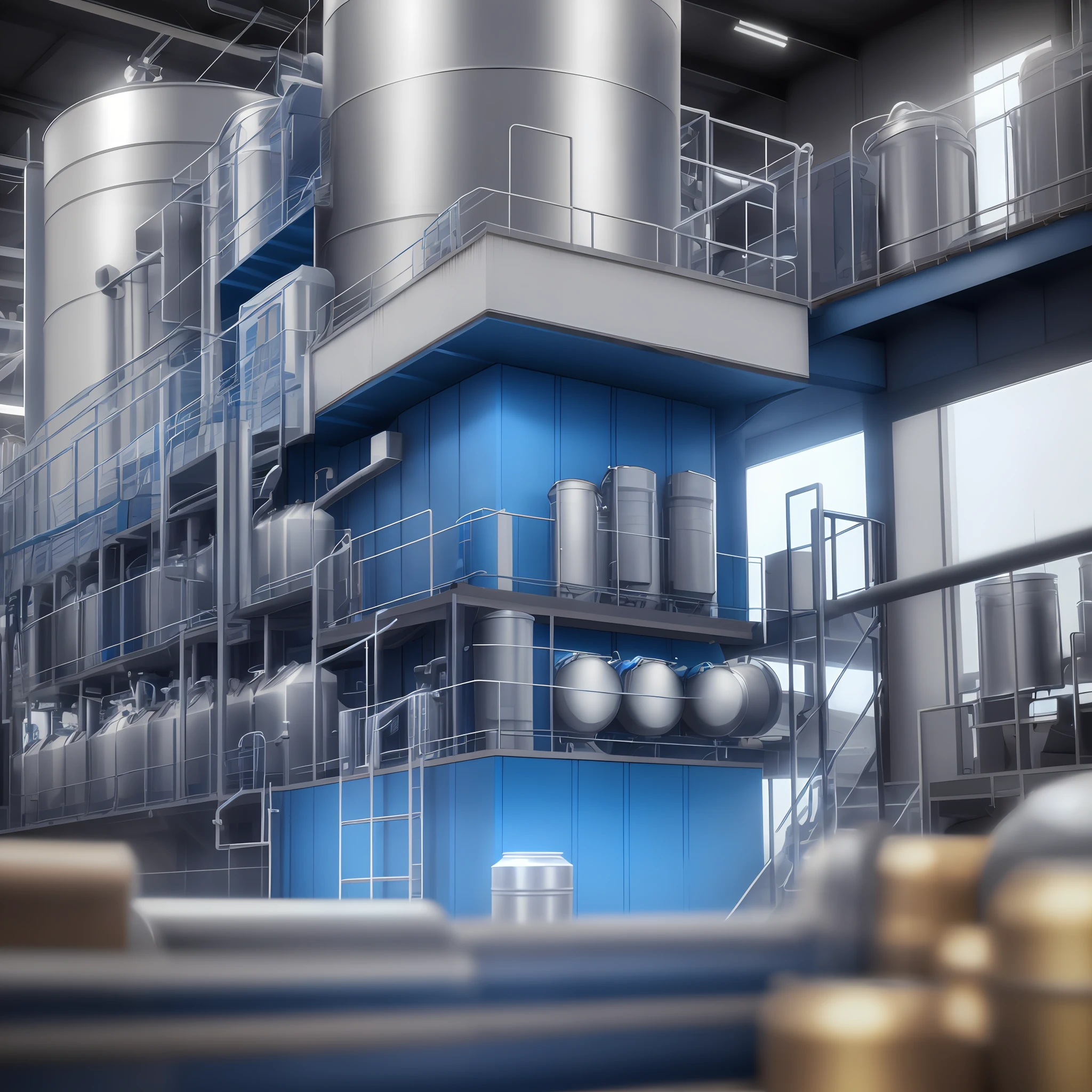 A working beer processing plant, all aspects showcased, C4D OC renderer,  Microsoft style, blue and white - SeaArt AI