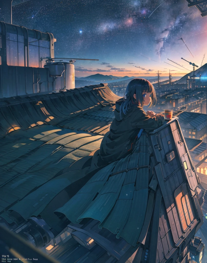 best quality, masterpiece, extremely detailed, detailed background, anime, 1girl, young girl, short girl, sci-fi, science fiction, outdoors, night, starry sky, greenhouse, megastructure, bio-dome, landscape, scenery, horizon, rooftop, sitting on rooftop, wind, looking away, atmospheric lighting, solo focus, close up, from side, depth of field, bokeh