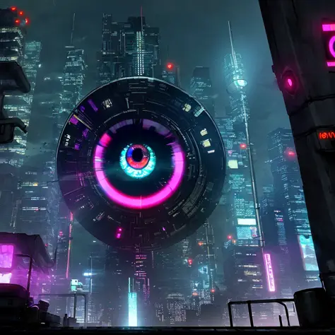 A huge eye reflecting the cyberpunk city and the train.