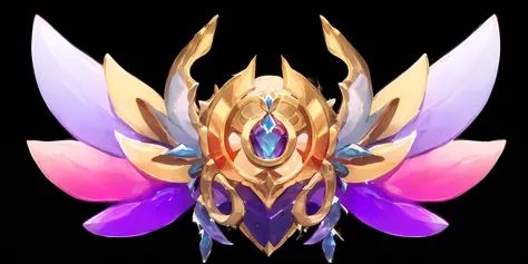Close-up of colorful wing mask with large gemstones, heartstone original art style, League of Legends champion, Duelyst style, symbol of wisdom, League of Legends style, League of Legends style, League of Legends style, Ability image, KDA, symmetry feature...