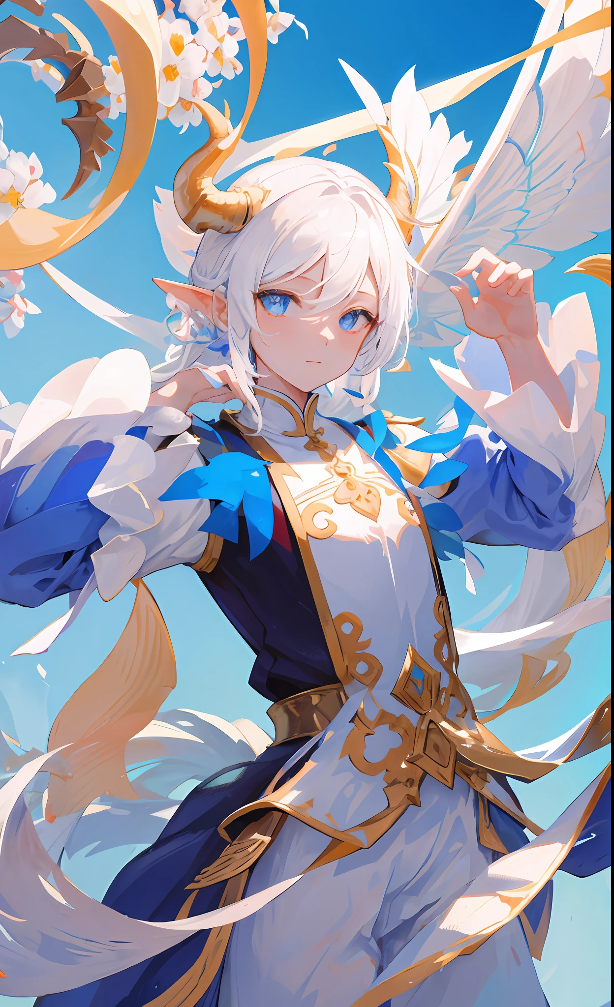 (Masterpiece), (Excellent), (Extremely Fine), White Dew, Straight Eyes, Spectator, Dragon Tail One, Horn Two, Upper Body, Flower, Streamer, White Cloud Blue Sky, Professional Posture