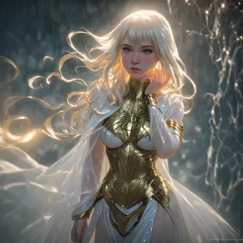 Golden and white, Spider-Man, drip costumes, heavy rain, magic, highly detailed, ArtStation trends, Unreal Engine 4K, cinematic ...