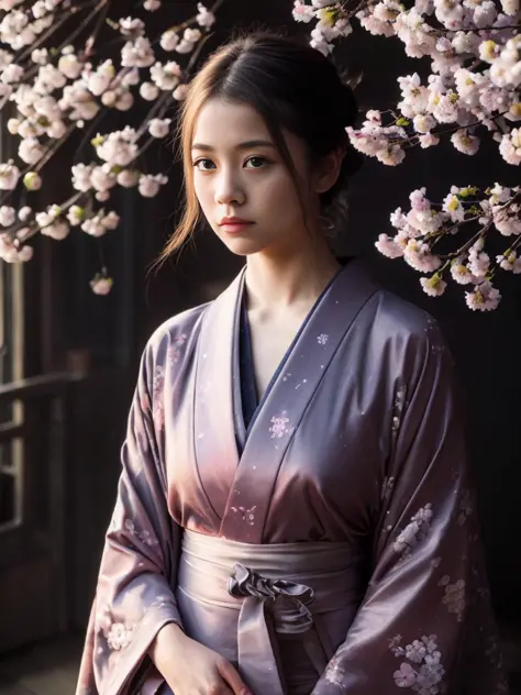 An 18-year-old cute woman, beautiful Japanese, wearing a gorgeous kimono, portrait under a cherry blossom tree, (dark private study, dark and moody light: 1.2)