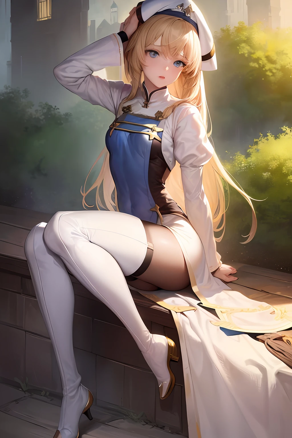masterpiece, realistic, realism, photorealism, high contrast, photorealistic digital art trending on Artstation 8k HD high definition detailed realistic, young beautiful woman, , very small perky breasts, ((blue eyes)), blonde knee long hair, tight white boots, white knee high socks, ((priestess)), parted lips, art by artgerm and ruan jia and greg rutkowski surreal painting, detailed, skin texture, hyper-detailed, realistic skin texture, side view, garden, praying, head down, sitting,