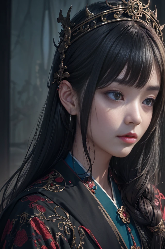 Official Art, Unity 8k wallpaper, super detailed, beautiful, beautiful, masterpiece, best quality,
dark, atmospheric, mystical, romantic, creepy, literature, art, fashion, ming and qing dynasties, decoration, intricate, ironwork, embroidery, contemplation, emotional depth, supernatural, hanfu
1 girl, solo, neck, bust composition