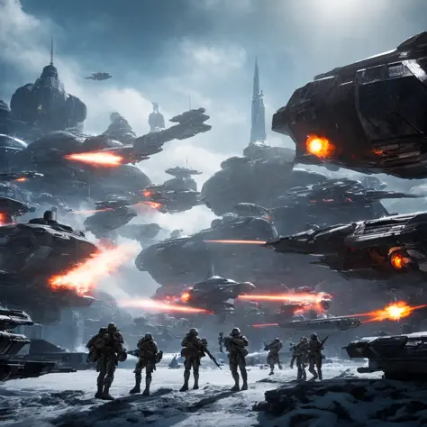 Very intense futuristic sci-fi battle scene, battlefield, 2042, on the icy land of the earth, many futuristic soldiers, men men ...