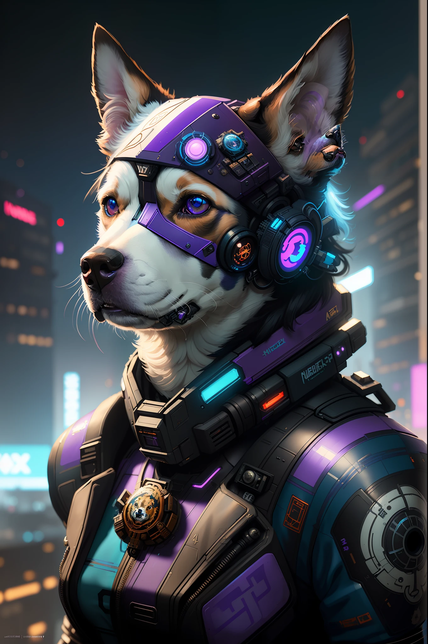 un magnifique portrait d&#39;un mignon chien cyberpunk par Sandra Chevrier et Greg Rutkowski et Wlop, palette de couleurs bleu violet, Éclairage haut de gamme, lumière volumétrique, art numérique, très détaillé, détail fin, complexe, orné, Complexe, rendu d&#39;octane, Moteur irréel, Photoréaliste