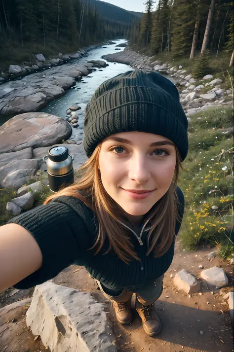 1 woman ((upper body selfie, happy)), masterpiece, best quality, ultra-detailed, ground, outdoor, (night), mountains, nature, (stars, moon) cheerful, happy, backpack, bag sleeping, camping stove, water bottle, mountain boots, gloves, sweater, hat, lantern,...