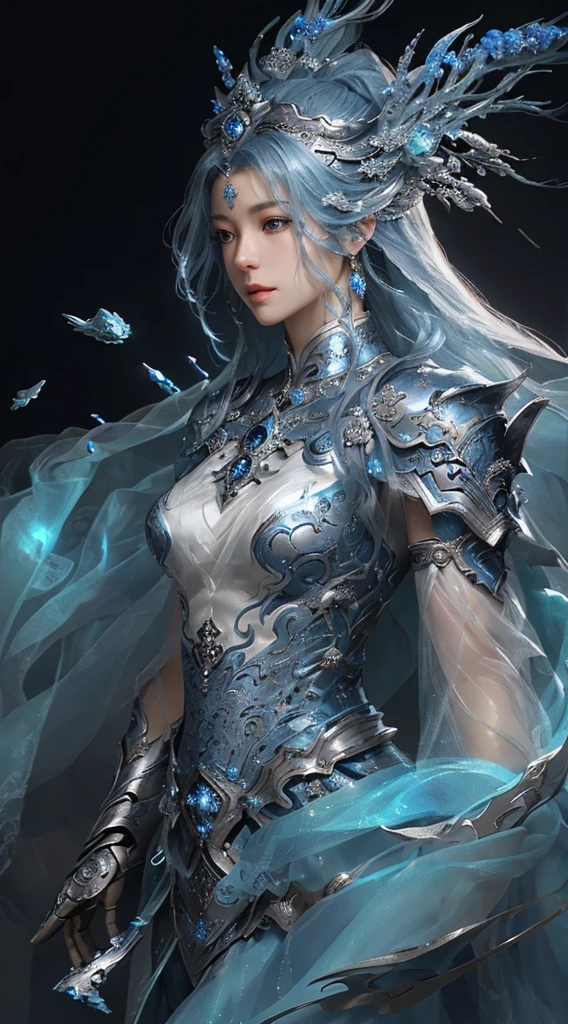 a close up of a woman in a silver and blue dress, chengwei pan on artstation, by Yang J, detailed fantasy art, stunning character art, fanart best artstation, epic exquisite character art, beautiful armor, extremely detailed artgerm, detailed digital anime art, artgerm on artstation pixiv, armor girl