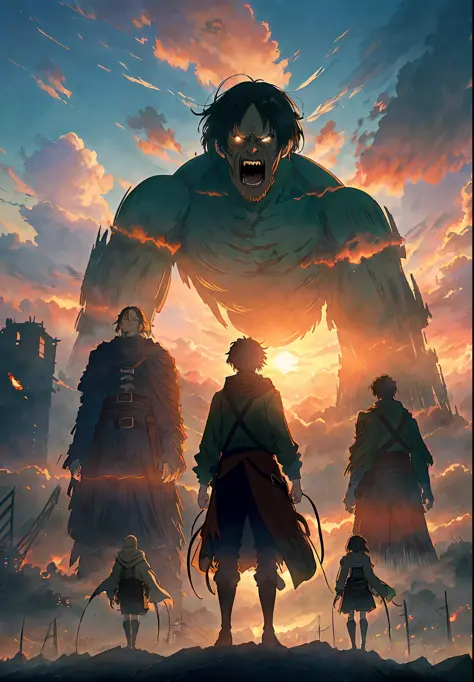 Attack on Titan, angry Giants, dark and gritty, Studio Ghibli, Anime Key Visual, by Makoto Shinkai, Deep Color, Intricate, 8k resolution concept art, Natural Lighting, Beautiful Composition