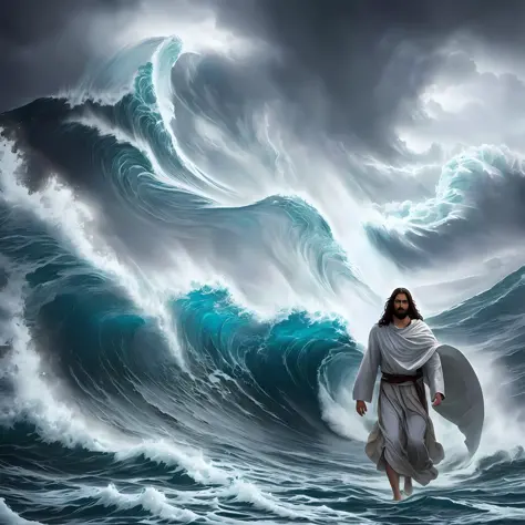 jesus walking in the ocean with a large wave, jesus walking on water, the sea and storms behind him, standing in a maelstrom, in rough seas with large waves, epic biblical depiction, in a storm, torment and waves, it's running between a storm, the lord and...