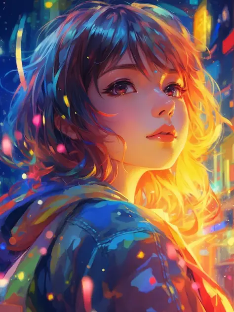 a girl with a bright hair and a blue jacket looks at the camera, inspired by Yuumei, digital anime art, colorful digital painting, rossdraws cartoon vibrant, anime style 4 k, alice x. zhang, by Yuumei, digital anime illustration, beautiful anime portrait, ...