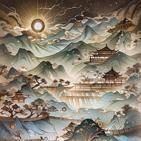 An ancient Chinese painting, ancient Chinese background, mountains, rivers, auspicious clouds, pavilions, sunshine, masterpieces...