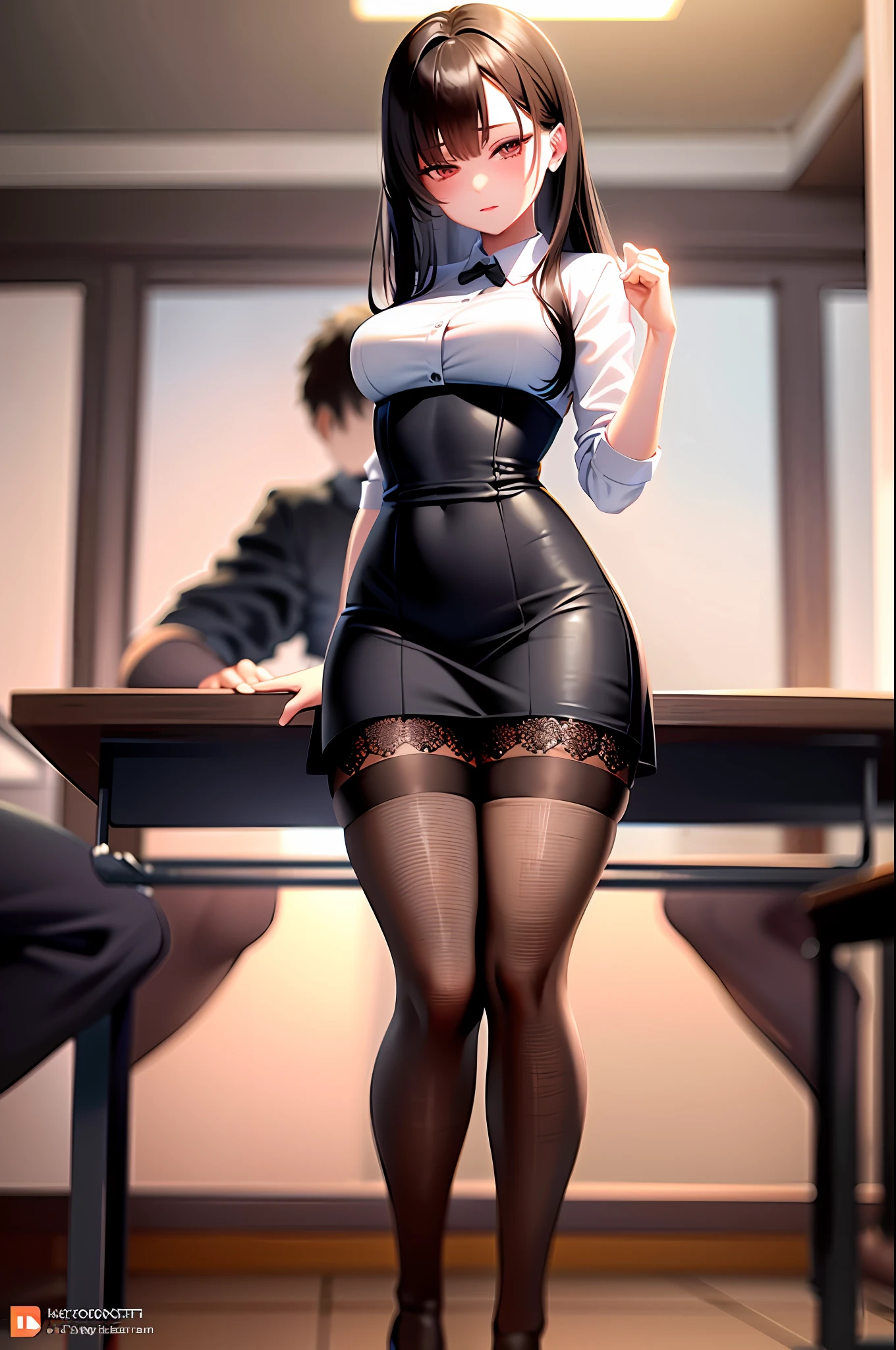 1girl, beautiful NobaraJK, lace skirt stockings, morning, inside the classroom, sweat, volumetric light, best quality, masterpiece, squat, intricate details, tone mapping, sharp focus, ultra detail, trends on Artstation, sexual expression invitation, skinny