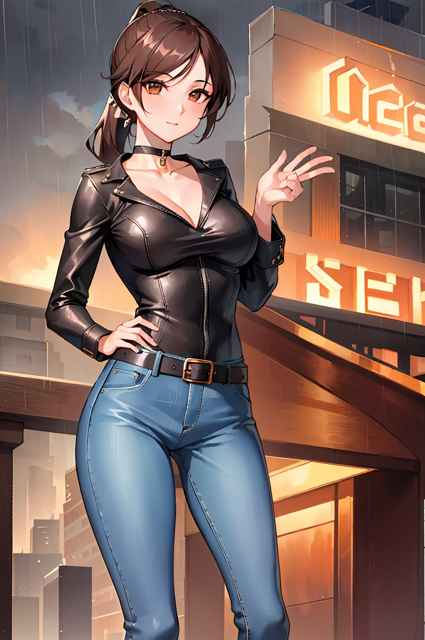 maryms, Best Quality,(beauty), 1girl,rendering with physical base,ultra highres,(cowboy shot: 1.5),narrow waist, thin, big brown eyes, long legs,jeans,leather belt,small breasts, swollen eyes, leather belt, (rainy city), bright skin, facing the viewer, victory posture, long ponytail with bangs, choker