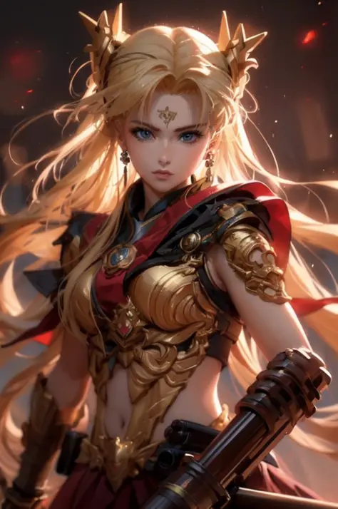A woman with blonde hair and armor holding a Gatling gun, Yang J, portrait knight of the zodiac girl, IG model| ArtGerm, very detailed ArtGerm, Trends in CGsociety, Trends CGsociety, [Trends in CGsociety]!!, stunning CGsociety, CGsociety and weathering clo...