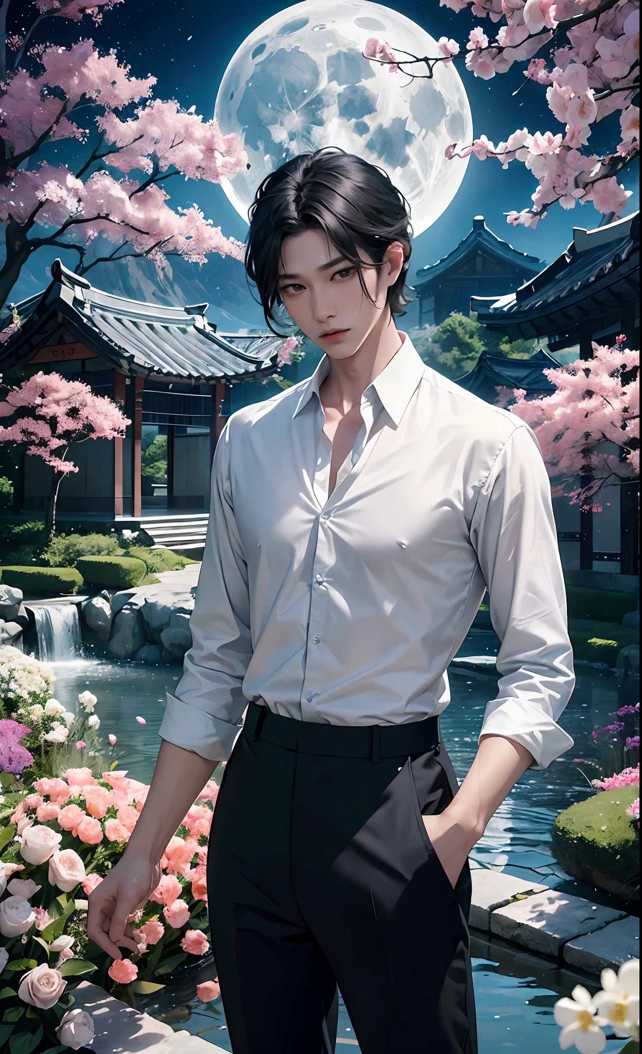 vivid illumination, enchanting elegance, atmospheric depth, masterful technique, naturalistic representations, harmonious composition, creative refinement, striking juxtapositions, 1man,solo,male, (korean idol face, sharp eyeline),(loose white shirt with black pants), moon, dark theme, Patience, garden, blossoms,