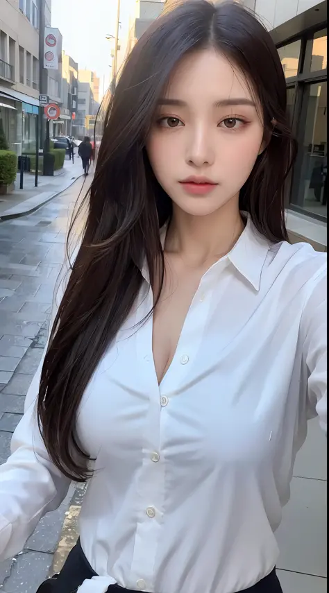 ((Best Quality, 8K, Masterpiece: 1.3)), Sharp: 1.2, Perfect Body Beauty: 1.4, Slim Abs: 1.2, ((Layered Hairstyle, Big Breasts: 1.2)), (Wet White Button Long Shirt: 1.1), (Rain, Street: 1.2), Wet: 1.5, Highly detailed face and skin texture, detailed eyes, d...